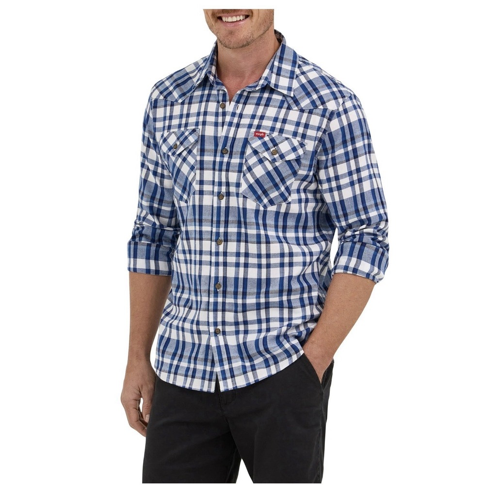 Wrangler Slim Fit Long‎ Sleeve Woven Twill Button Shirt Men's LARGE Blue Plaid